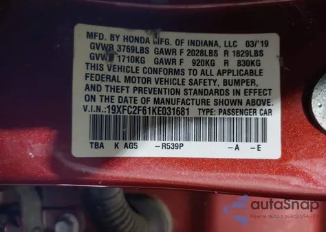 2019 Honda Civic Lx z USA, uszkodzony, nr VIN 19XFC2F61KE031681